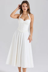 White Stretch Cotton Halter Neck Midi Dress 97564