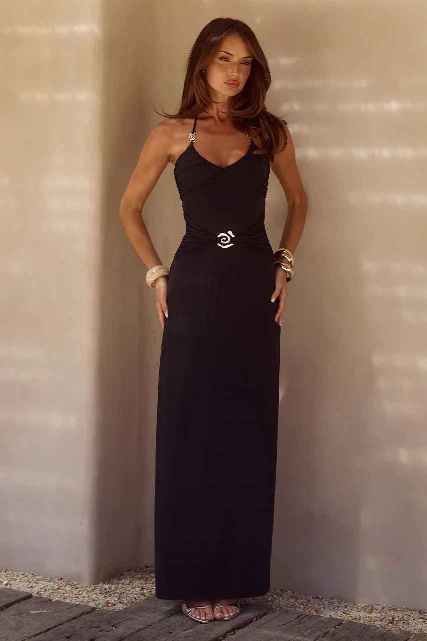 Nina Ruched Halter Maxi Dress Black