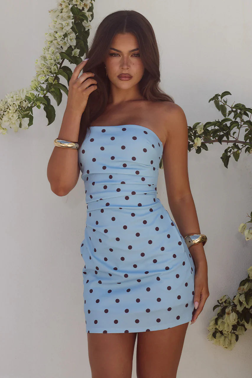 Cairo Strapless Mini Dress Sky Blue Choc Polka