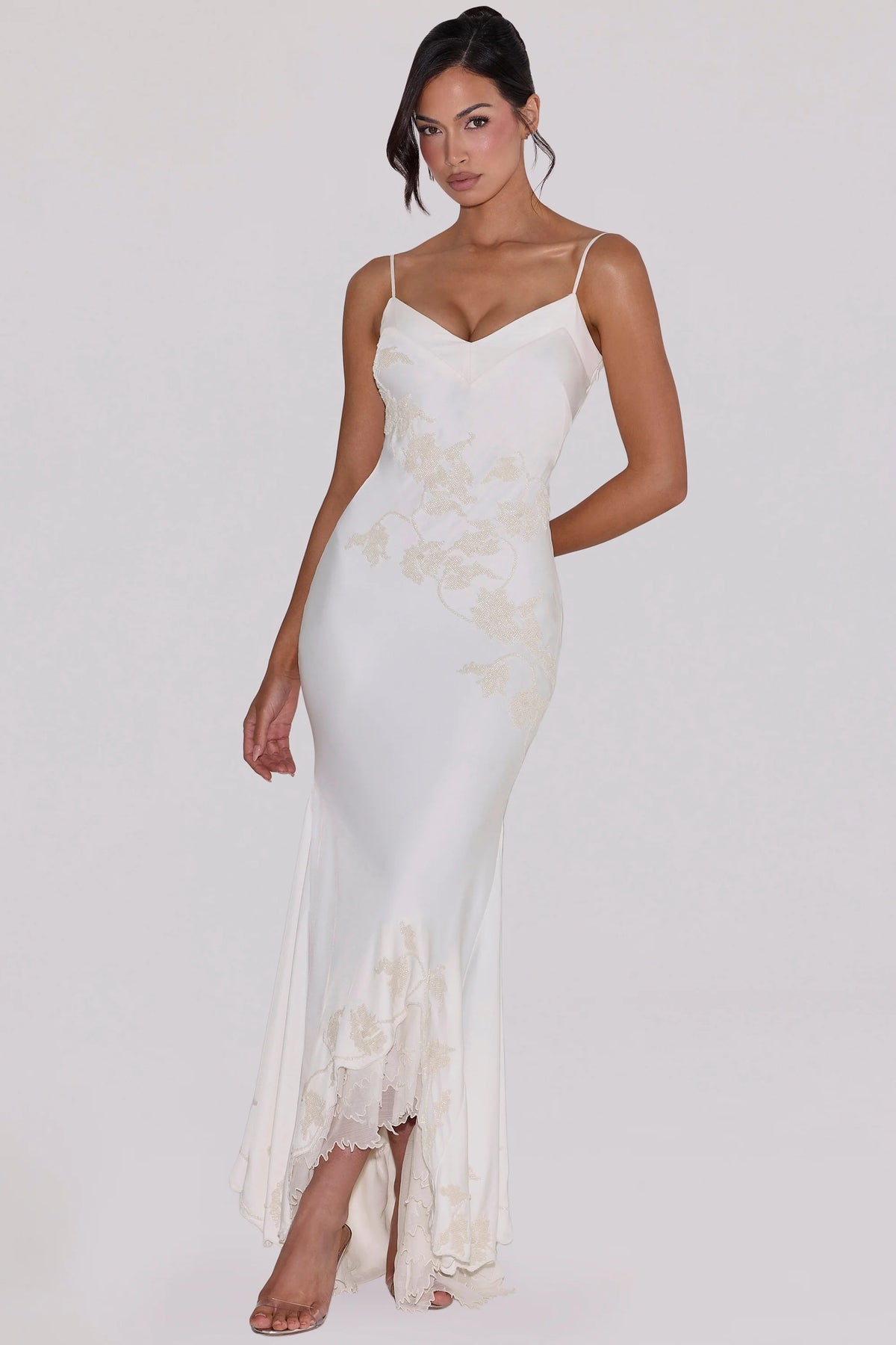 Vintage Ivory Satin Hand Beaded Embellished Maxi Dress 28001