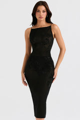 Black Mesh Crystal Embellished Midi Dress