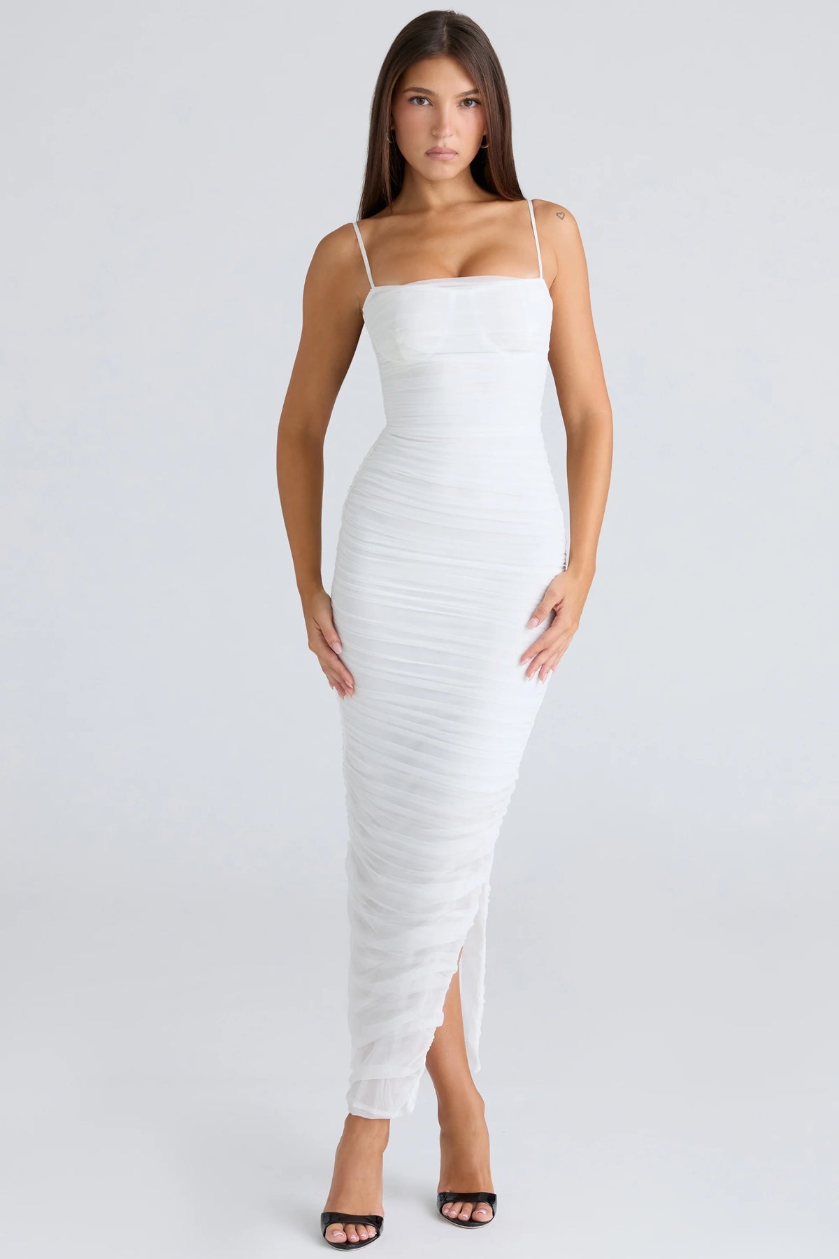 White Gathered Stretch Mesh Maxi Dress