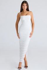 White Gathered Stretch Mesh Maxi Dress