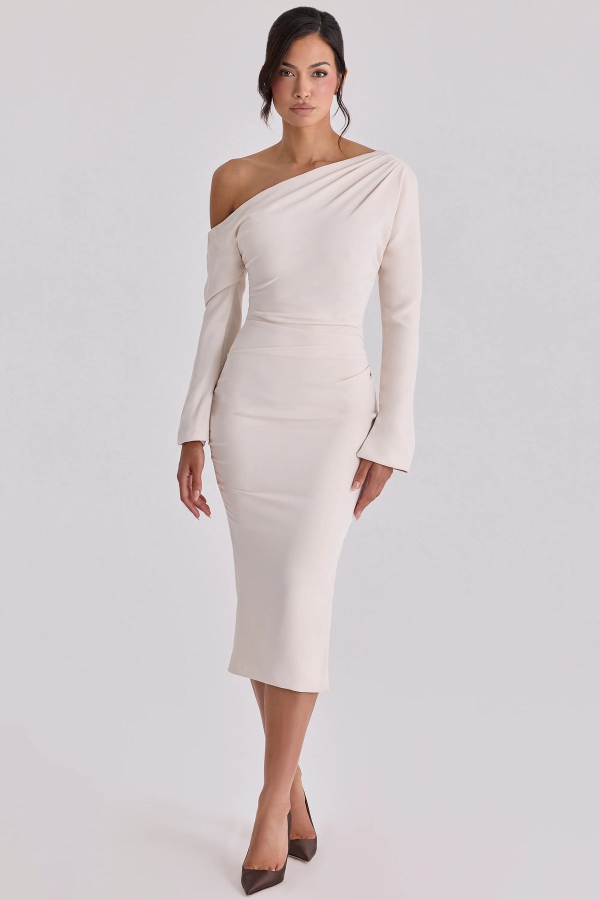 Vintage Ivory Draped Crepe One Shoulder Midi Dress