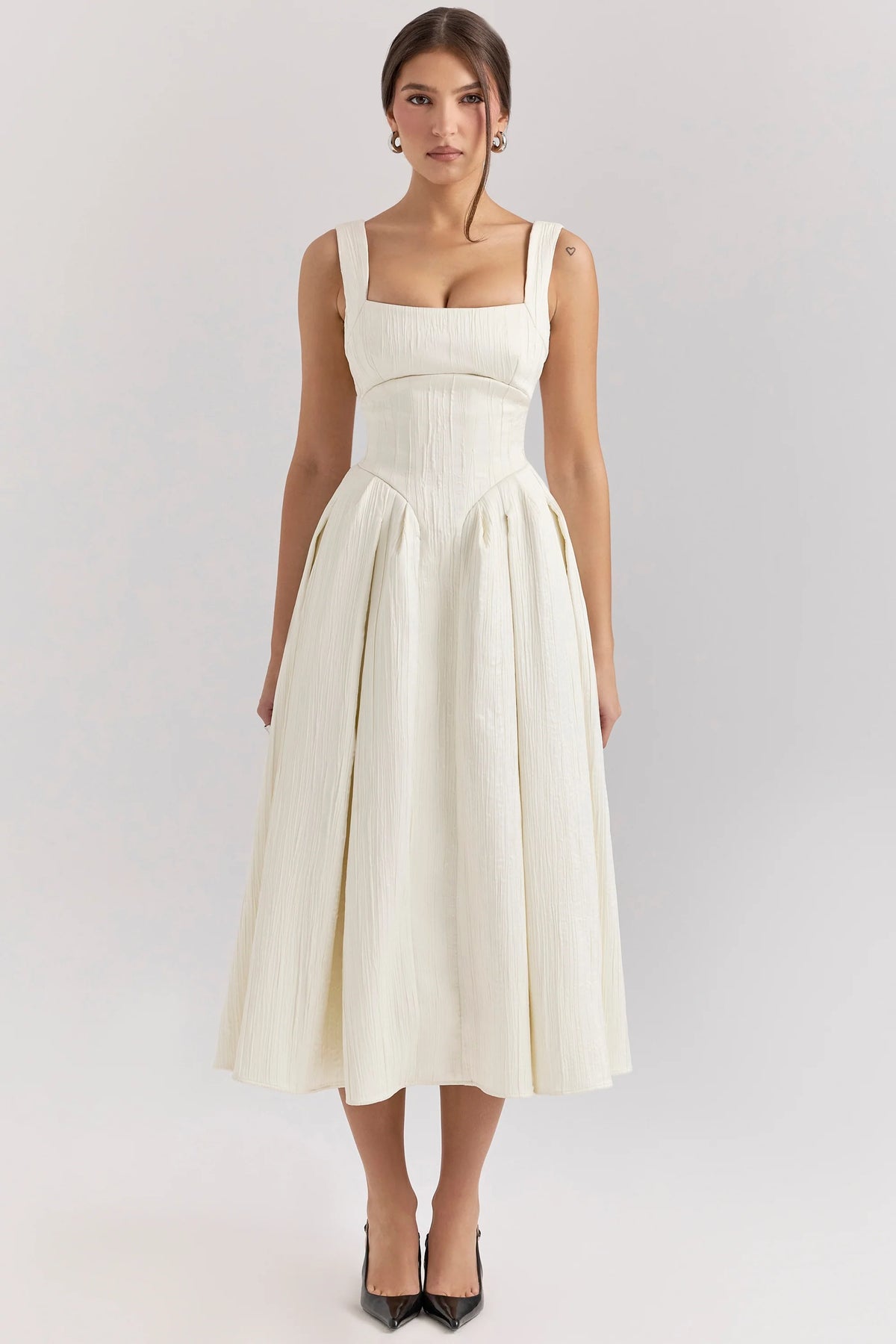 Ivory Textured Satin Corset Midi Dress