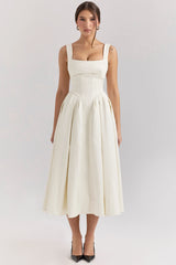 Ivory Textured Satin Corset Midi Dress
