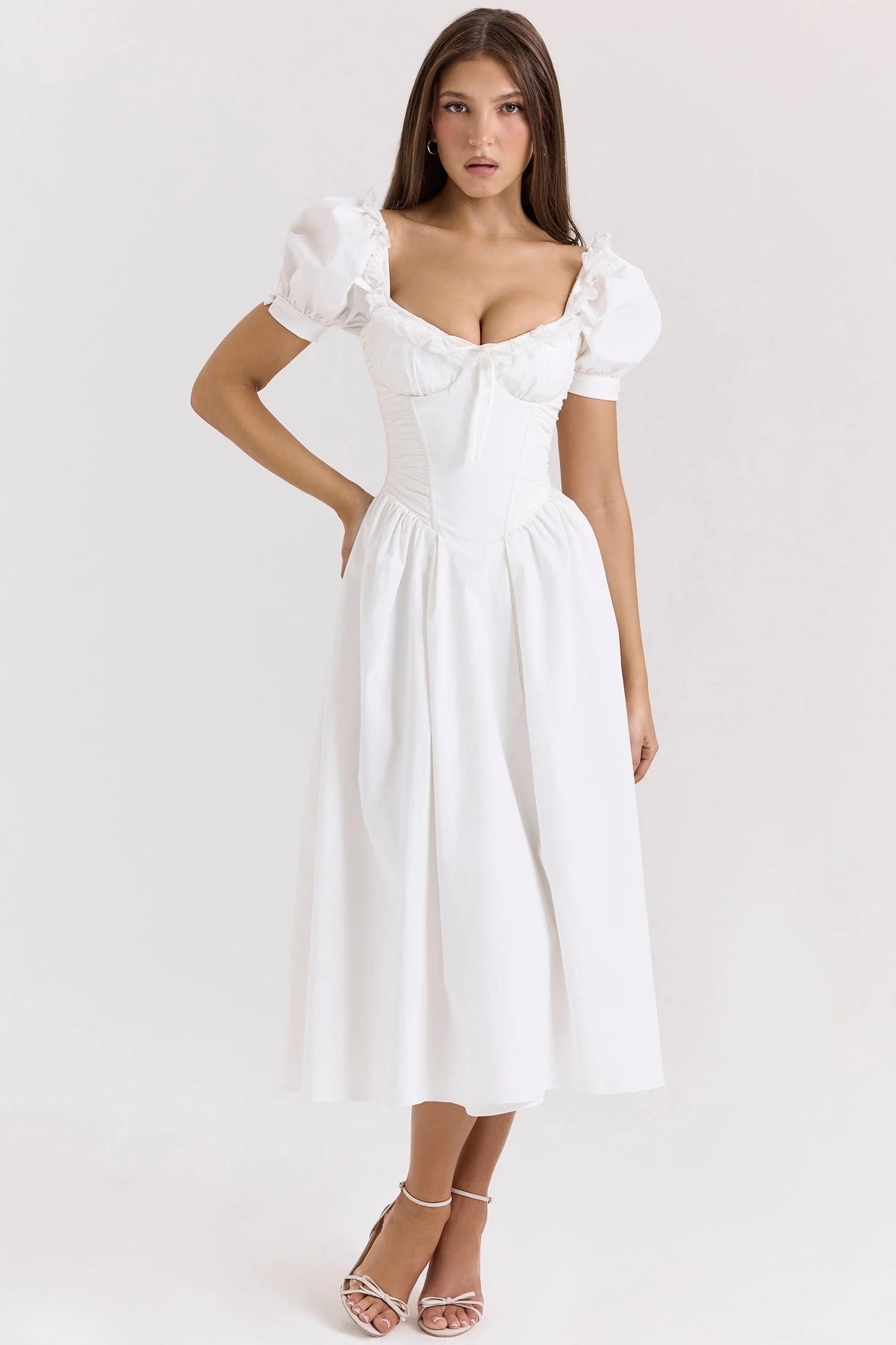 White Stretch Cotton Puff Sleeve Midi Dress 69374