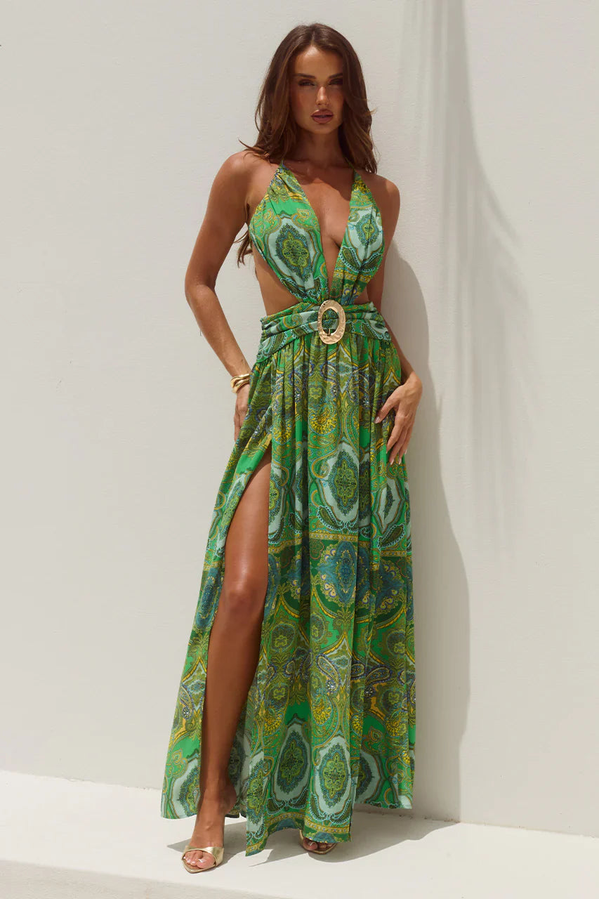 Fontana Deep Plunge Maxi Dress Indiana Green