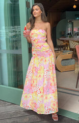 Sinclair-Yellow-Floral-Print-Strapless-Maxi-Dress