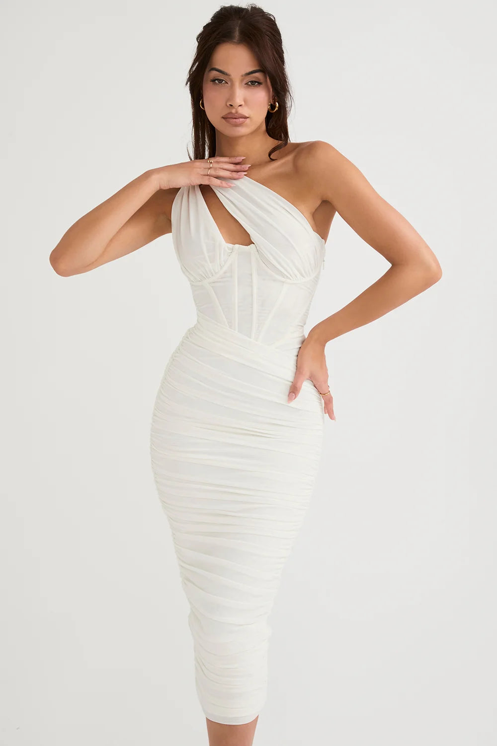 Ivory Asymmetric Cutout Midi Dress 72261