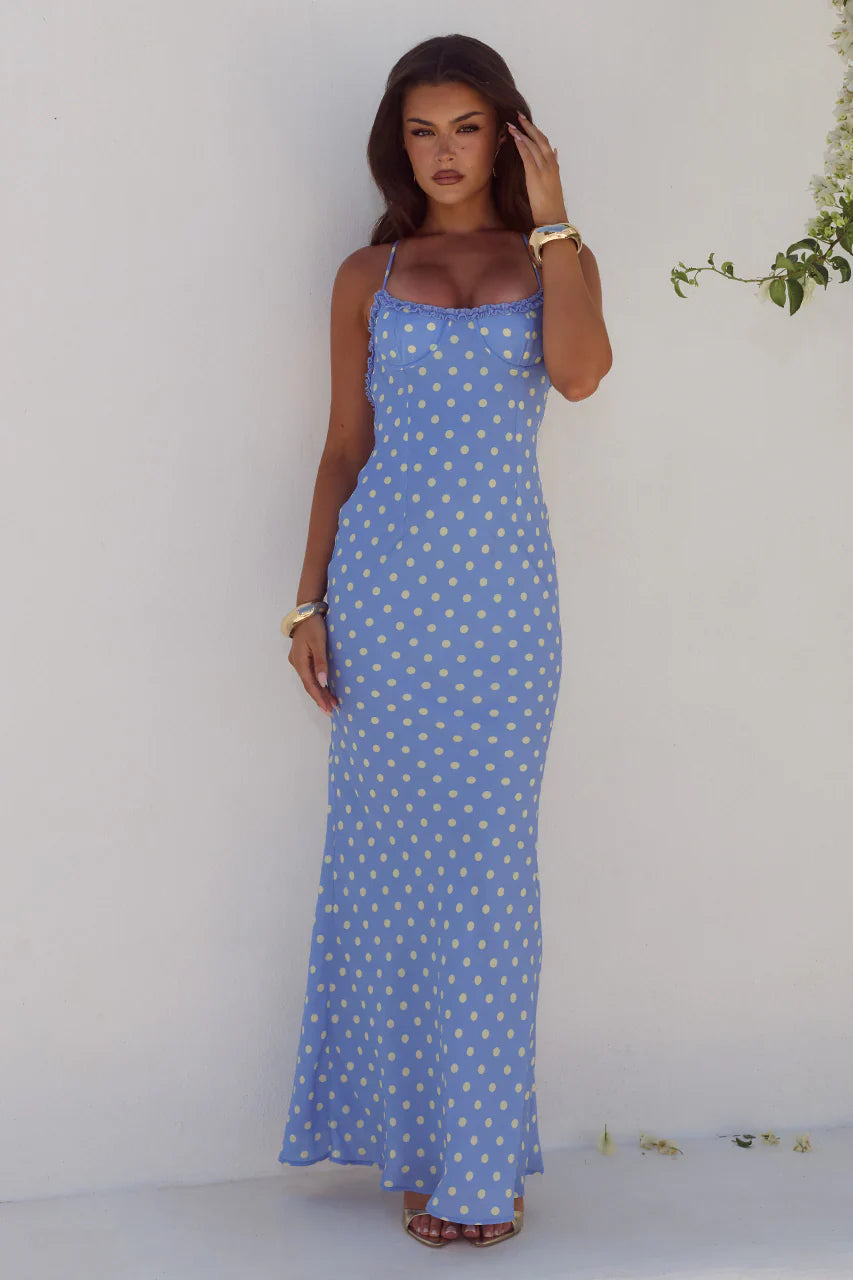 Monet Cross Back Maxi Dress Periwinkle Lemon Polka