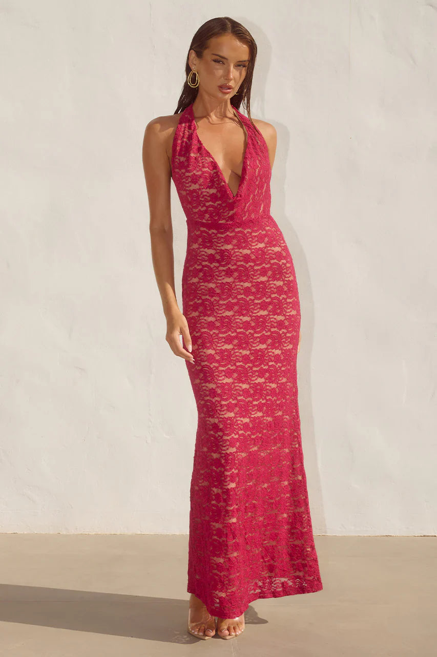 Kylo Plunge Cowl Maxi Dress Berry