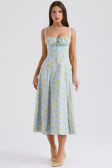 Soft Blue Vintage Floral Print Cotton Bustier Sundress