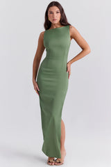 Olive Boat Neck Maxi Dress