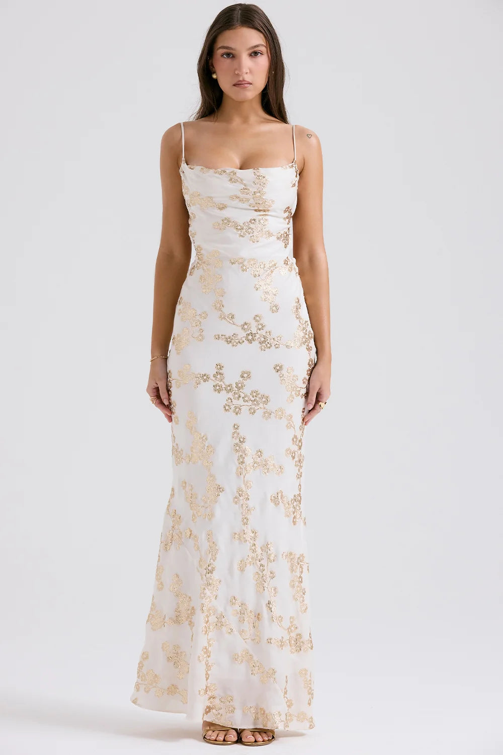 White Gold Jacquard Satin Gown 15023