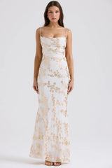 White Gold Jacquard Satin Gown 15023