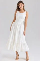 White Stretch Cotton Lace Up Midi Dress 59449