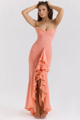 Peach Mesh Ruffled Front Gown 37876