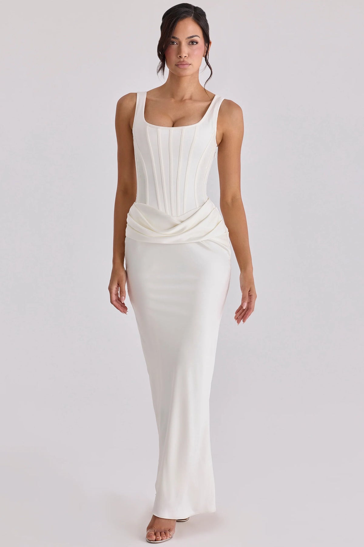 Ivory Satin Gathered Maxi Dress 42964