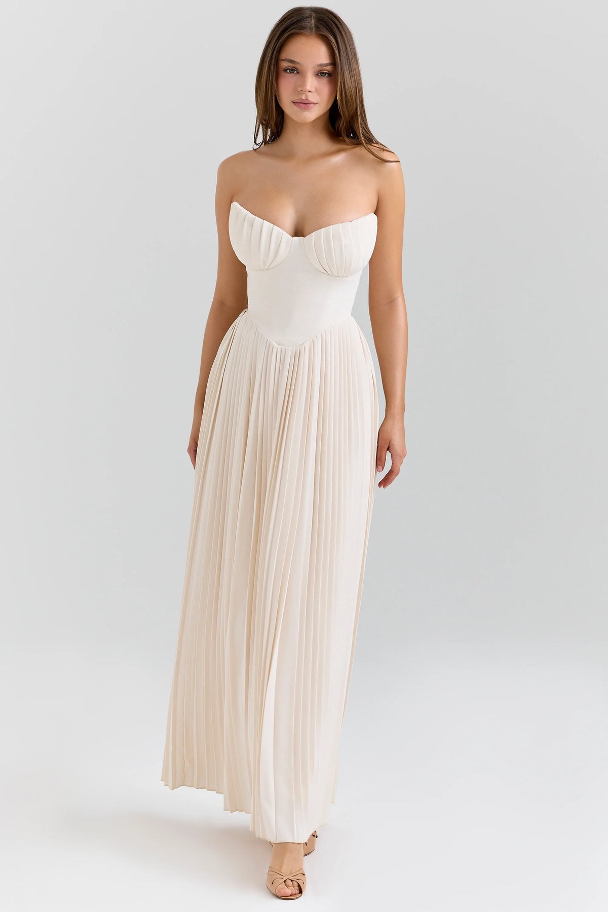 Ivory Georgette Pleated Maxi Dress 41006