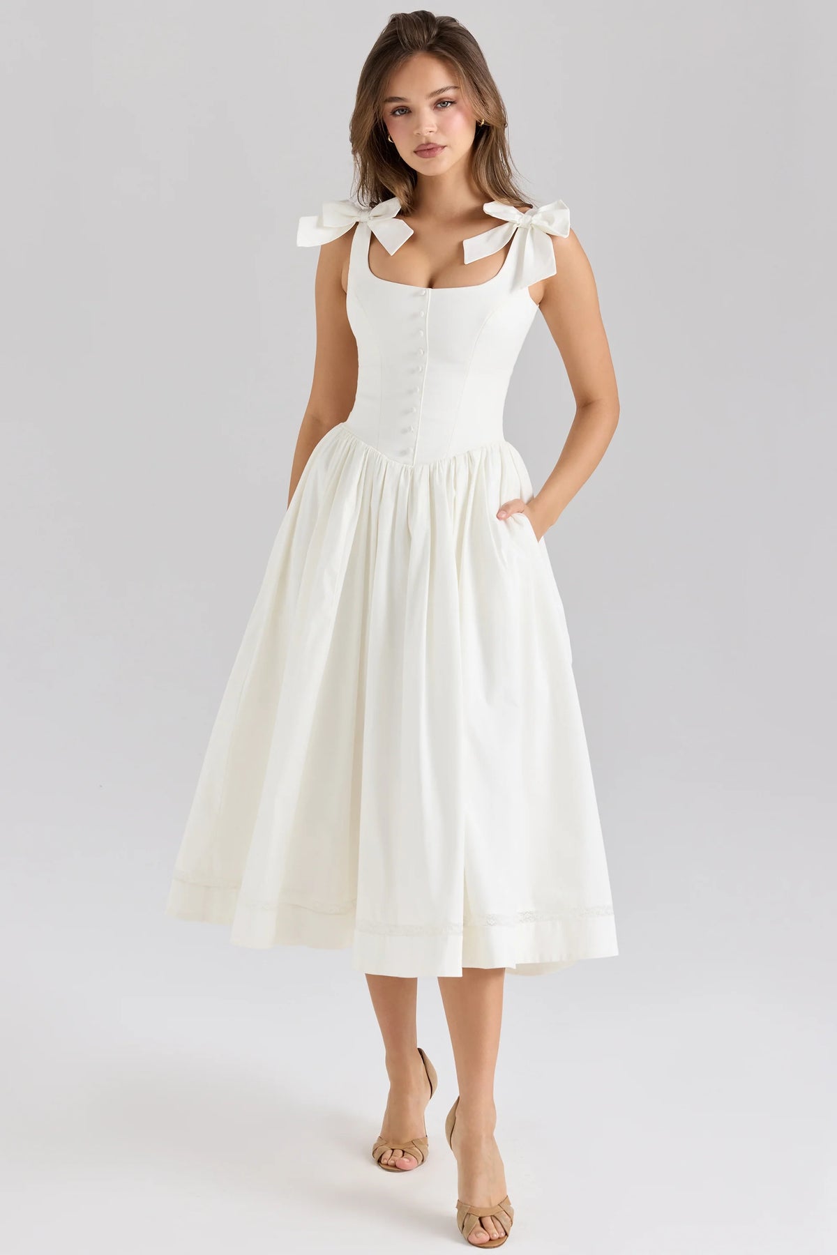 White Stretch Cotton Bow Midi Dress 39371