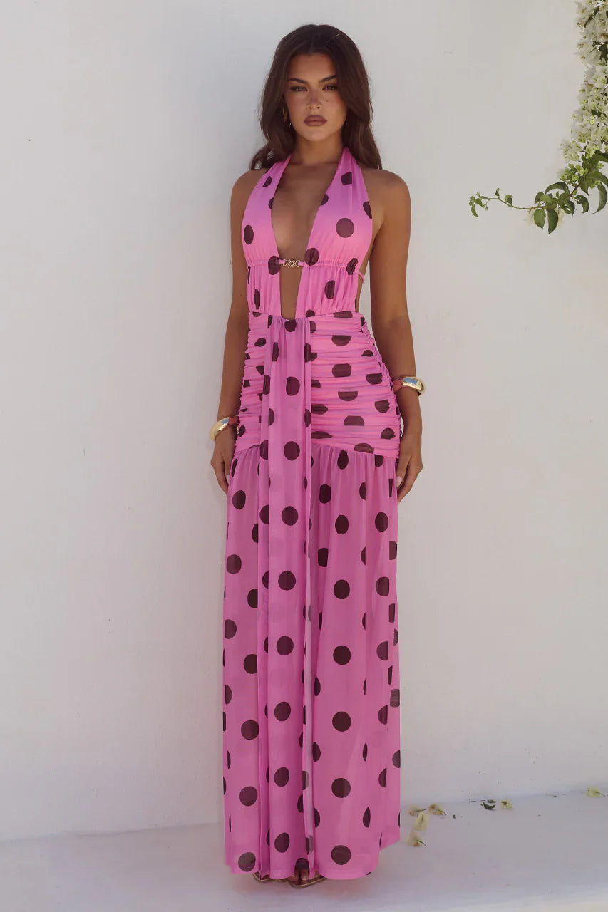 Adrianna-Plunge-Ruched-Maxi-Dress-Musk-Choc-Polka