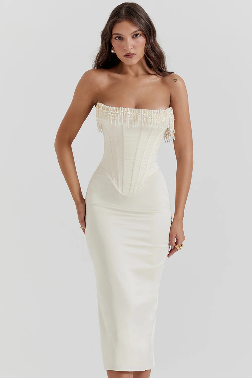 Vintage Cream Embellished Strapless Dress